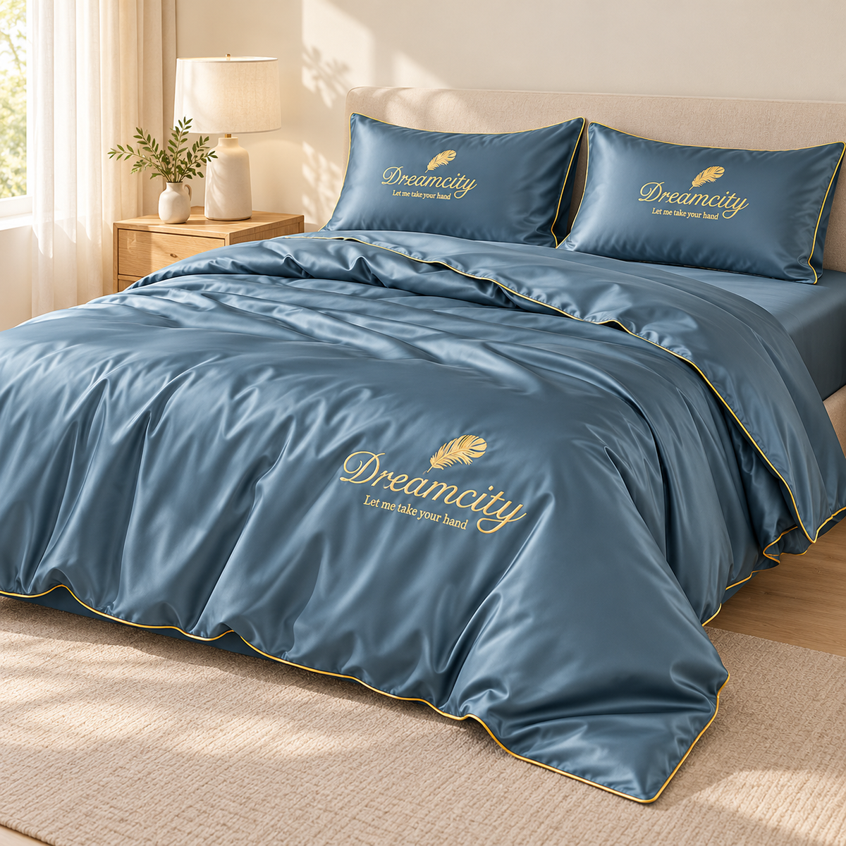 Parure d’été bleue avec couette, drap plat et deux taies dans une chambre lumineuse