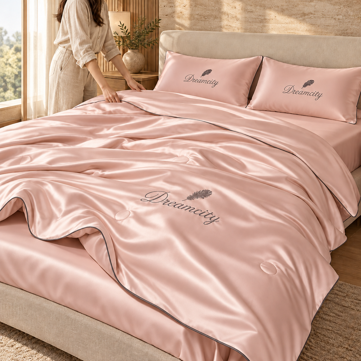 Parure d’été champagne rosé avec couette, drap plat et deux taies